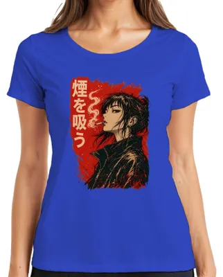 Zdjęcie produktu dla Koszulka damska z nadrukiem "Dziewczyna z anime paląca papierosa", styl manga, estetyka retro, Japonia, Y2K, dla fanów anime, krótki rękaw, kolor niebieski, rozmiar S