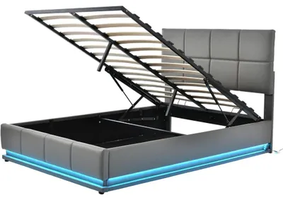 Obrázok produktu pre Postel s úložným priestorom – manželská posteľ – posteľ s pružinovým roštom – LED posteľ – rozťahovacia pohovka – sivá – s hydraulickým zdvihákom