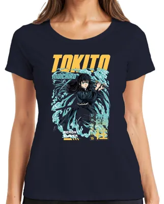 Productafbeelding van Demon Slayer T-shirt voor dames, met afbeelding van Tokito Muichiro, de Mist Hashira, met nevelmotief en zwaard. Marineblauw, maat XXL