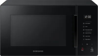 A black Samsung microwave is shown from the front against a white background.