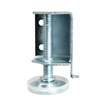 A single furniture leveling foot with a metal bracket and a clear plastic base, isolated on a white background.