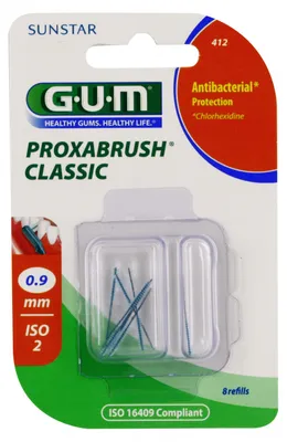 Produktbild von Set mit 8x Interdentalbürsten, GUM, ProxaBrush, für die Tiefenreinigung, Chlorhexidin behandelt, 0,9mm