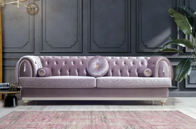 Produktbild von Lila Chesterfield Dreisitzer Designer 3-Sitzer Polstercouchen Holzgestell