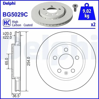 Produktbild von 2x DELPHI Bremsscheibe BG5029C für VW Polo Schrägheck (6R1 6C1) 36 5mm 254mm