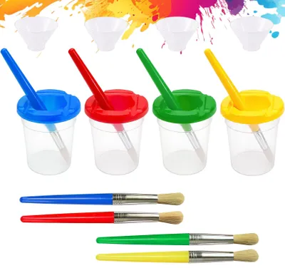 Farbbecher-Set, 4 Stück, auslaufsicher, mit Deckel und Pinseln