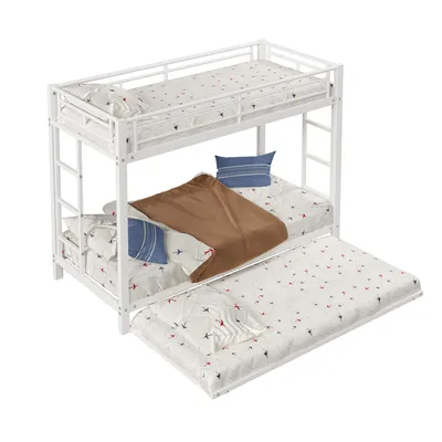 Produktbild von 90*200cm Etagenbett, Eisenrahmenbett, Kinderbett, ausgestattet mit Ausziehbett, hohe Geländer, EN747 , robuste Konstruktion, Weiß