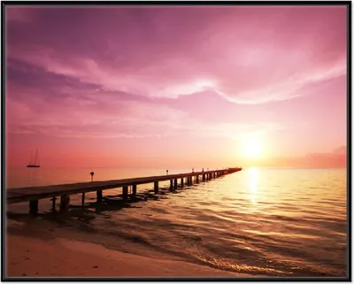 Produktbild von Wallario Wandbild Auf dem Weg zur Sonne  Steg am Meer, Größe: 40,30 x 50,30 cm, Poster mit schwarzem Aluminiumrahmen
