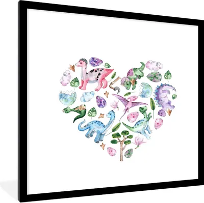 Produktbild von MuchoWow® Gerahmtes Poster Kinderzimmer - Herz - Dinosaurier - Mädchen - Kinder - Rosa 40x40 cm - Poster mit Schwarzem Bilderrahmen Wandposter Rahmen Foto Bilder - Poster - Plakat im Rahmen