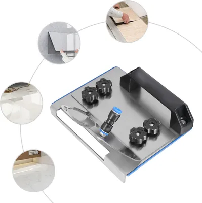 A collage of images showing a tile cutting tool and its applications.