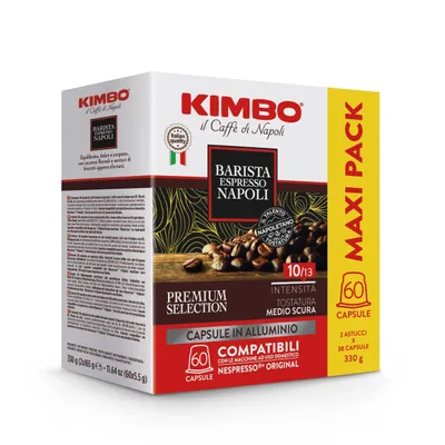 Immagine prodotto di Kimbo, Barista Espresso Napoli, 180 Capsule Caffè in Alluminio Compatibili Nespresso®* Original®*, Miscela Forte e Corposa, Intensità 10/13, Tostatura
