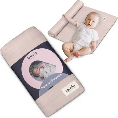 A baby swaddle is shown in packaging and also unrolled with a baby lying on it.