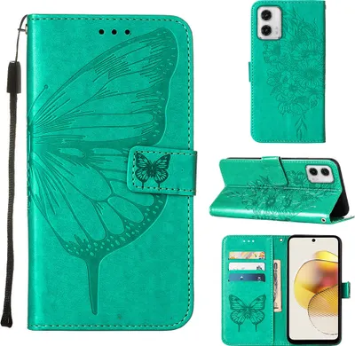 Produktbild von Lederhülle für Motorola Moto G73 Schmetterling Prägung Flip Ledertasche Kartenfächer Handyhülle mit Ständer Grün