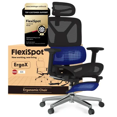 Produktbild von FLEXISPOT ErgoX Ergonomischer Bürostuhl mit Fußstütze 3D-Armlehnen&Kopfstütze 5D-verstellbare Rückenlehne Tragfähigkeit von 136 kg Schwarz