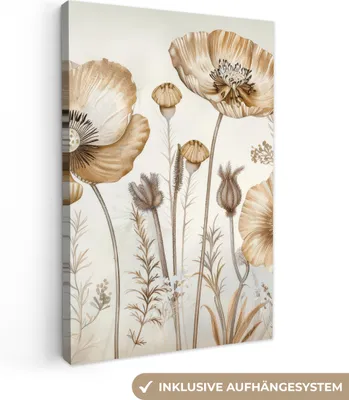 Produktbild von MuchoWow® - Leinwandbilder - Blumen - Beige - Natur - Illustration, Wandbild, Wanddeko Bilder Wohnzimmer, 80x120cm