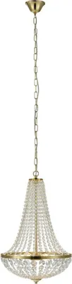 A single pendant light fixture with a brass-colored chain and a bell-shaped shade made of clear crystals.