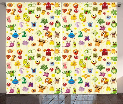 Produktbild von ABAKUHAUS Monster Rustikaler Gardine, Niedliche Cartoon-Monster, Schlafzimmer Kräuselband Vorhang mit Schlaufen und Haken, 280 x 260 cm, Mehrfarbig