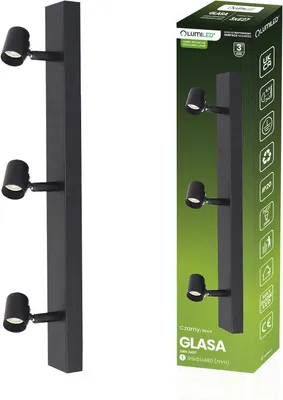 A product shot of a black multi-spot ceiling light and its packaging.
