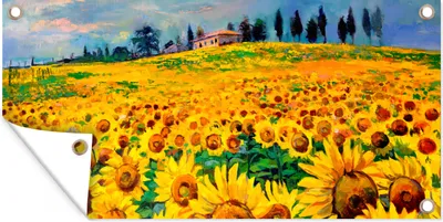 Produktbild von MuchoWow® 60x30 cm Outdoor-Poster Gartendeko Sichtschutz Garten Poster für den Garten  Ölfarbe - Gemälde - Blumen - Sonnenblume