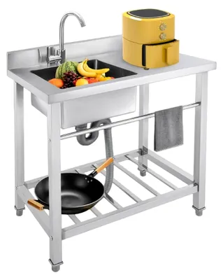 Produktbild von Edelstahl Spültisch mit Unterschrank und Arbeitsplatte, freistehendes Einzelbecken, 80x55x84cm (Rechte Spüle)