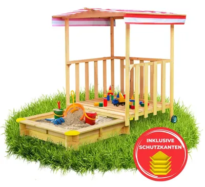 Produktbild von Coemo Spielhaus mit Sandkasten Sonnendach Spiel-Veranda fahrbar