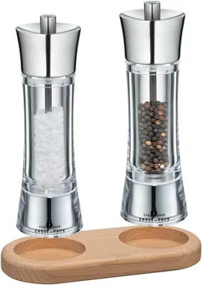 Obrázek produktu pro Zassenhaus sada mlýnek na sůl a pepř Aachen nerezová ocel/akryl a podtácek (18 cm)