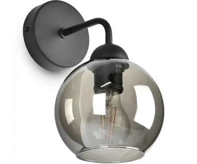A black wall lamp with a smoked glass shade and a visible light bulb.