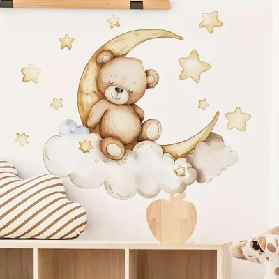 Produktbild von Teddybär Mond Wandsticker Babyzimmer Wandtattoo mit Wolken Sterne Kinderzimmer Deko selbstklebend PVC Wanddeko