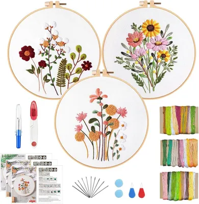 3 Stück - Stickset - DIY - Kreuzstich Stickerei - Hobby und Kreativ - Mit Nähmuster und Blumenmotiv - Stickset für Anfänger