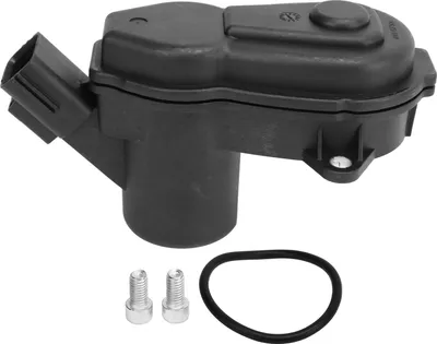 A black automotive part with two silver bolts and a black rubber gasket on a white background.
