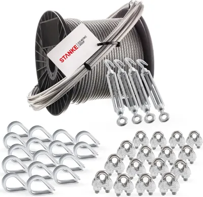Produktbild von Seilwerk STANKE Rankhilfe PVC Drahtseil ummantelt verzinkt 20m Stahlseil 2mm 1x19, 4x Spannschloss M5 Haken+Öse, 16x Kausche, 16x Bügelformklemme - SET 6