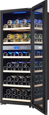 A wine cooler refrigerator with its door open, showcasing multiple shelves filled with wine bottles and cans.
