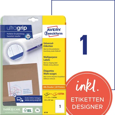 Image de Avery Zweckform 6119 Étiquettes universelles, 210 x 297 mm, 25 feuilles/25 étiquettes, blanc