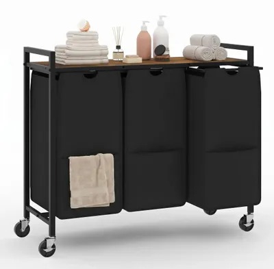 Produktbild von Wäschewagen auf Rollen - 3-fach Wäschesortierer - 120L Volumen - Abnehmbare Stoffbeutel - Mit Ablage - Braun/Schwarz