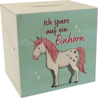 Produktbild von Einhorn Spardose aus Holz in mintgrün mit Spruch Ich spare auf ein Einhorn
