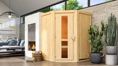 Produktbild von Karibu Sauna Innensauna Nanja Eckeinstieg ohne Zubehör 151x151x198 cm ohne Dachkranz mit Energiespartür