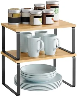 Produktbild von PromoHome® Gewürzregal-Set aus 2 - Erweiterbar und Stapelbar Küchenorganizer - Gewürzhalter und Aufbewahrungsregal - Aus Metall und Bambus