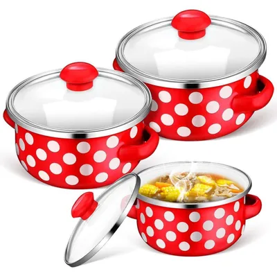 Image de Ensemble de 3 petits pots à soupe en émail, avec couvercle et poignée, idéal pour les soupes, les pâtes et les ragoûts