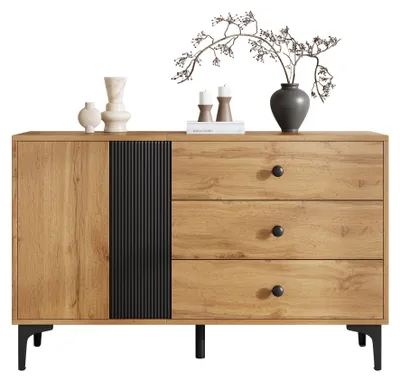 Image de Buffet effet bois et noir avec rangements, pieds métal noir 120x35x76cm