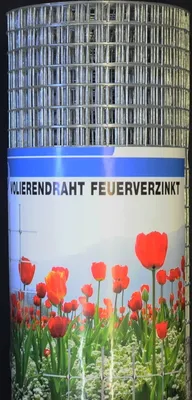 A roll of wire mesh with a printed label featuring tulips and text.