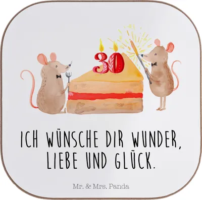 Produktbild von Mr. & Mrs. Panda Untersetzer Glas 30. Geburtstag Mäuse Kuchen - Weiß - Geschenk, gläseruntersetzer, Party, Gläser, Happy Birthday, Kuchenliebe, Geburtstage, für, Coaster