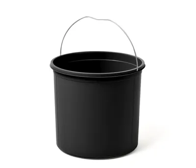 A black bucket with a metal handle is shown against a white background.