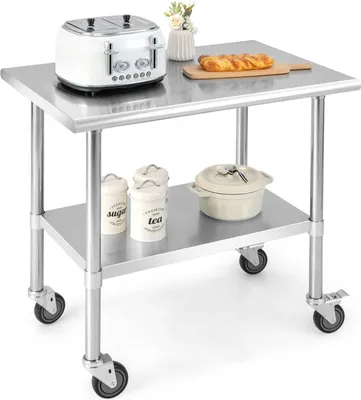 Zdjęcie produktu dla Stół roboczy ze stali nierdzewnej KOMFOTTEU, stół ze stali nierdzewnej na kółkach, z regulacją wysokości, stół kuchenny do przygotowywania żywności 2 poziomy, stół do krojenia o nośności 250 kg