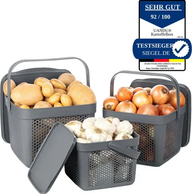 Produktbild von uandu Kunststoff Korb Rattan, Aufbewahrungsbox Küche - Organizer, Küche Aufbewahrung & Organisation Vorratskorb, Küchen gadgets, Küchen Aufbewahrung & Organizer für Kartofflen, Zwiebeln, Knoblauch - 3er Set