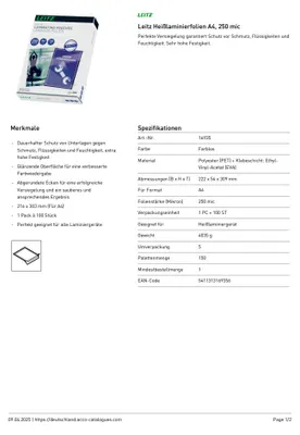 Productafbeelding van Leitz 16935 - Foliohouder, 250 micron, voor A4-formaat, 100 stuks
