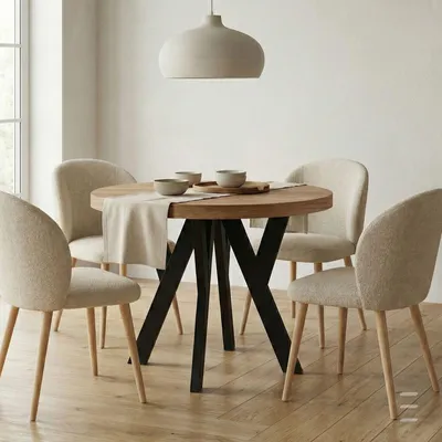 Produktbild von Runder Ausziehbarer Tisch für Esszimmer, PERO, Loft-Stil, Skandinavische, Durchmesser: 90 / 140 cm, Farbe: Eiche Wotan / Schwarz