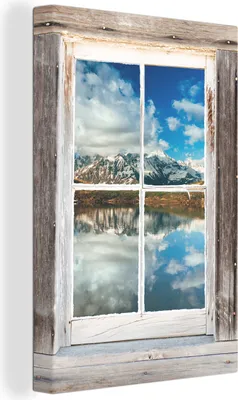 Produktbild von OneMillionCanvasses® - Leinwandbilder - 90x140 cm, Durchsichtig - Holz - Berg, - Geöffnetes Fenster - Fensterblick Schlafzimmer Kunstdruck Wanddekoration - Foto auf Leinwand - Gemälde auf Holzrahmen  - Wandschmucke - Schlafzimmer