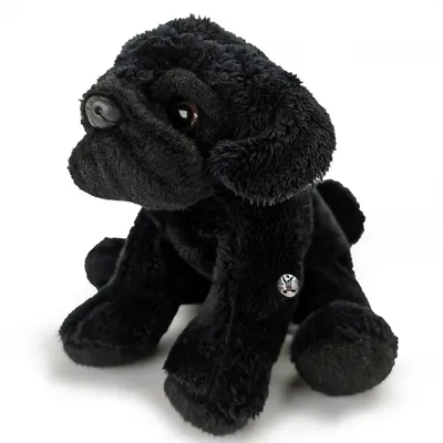 A black plush dog toy sits on a white background.