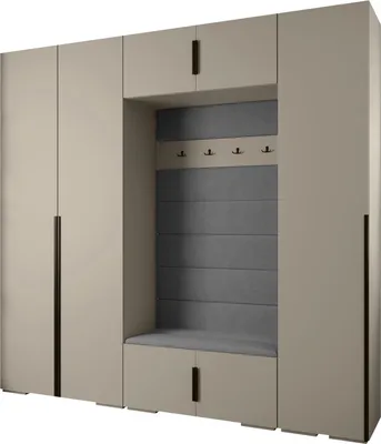A modern entryway furniture set with cabinets and a bench.