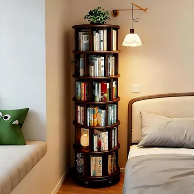 Image de Étagère tournante pour livres, 6 niveaux, en bois massif de noyer, rotation à 360°, montée sur roulettes