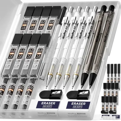 Produktbild von Druckbleistifte Set 6 Stück mit 2mm Fallminenstift, Minen 0,3-0,9mm & 2mm (2B, HB, 2H, 4B), Radiergummis, Spitzer, Etui